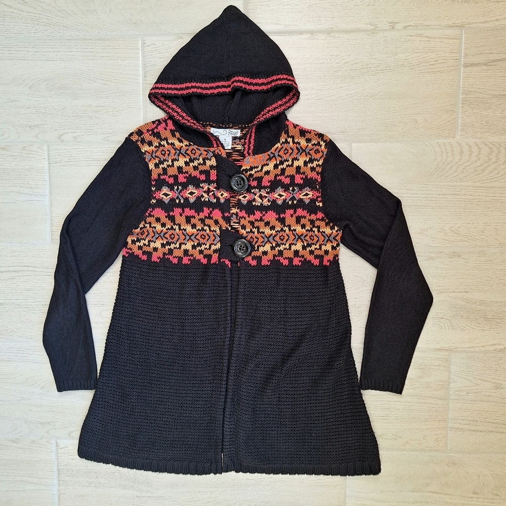Women's Black Fair Isle Chunky Knit Nordic Hooded Button Cardigan Sweater Small